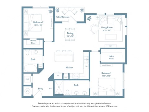 Floor plan for 2 beds, 2 baths, 1160 sqft